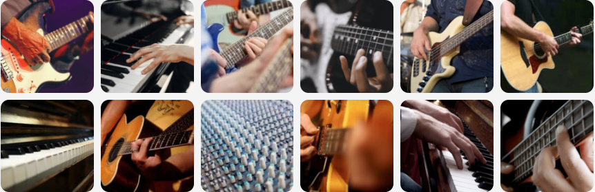 Collage mit Gitarren-, Bass-, Klavier- und Mischpult-Aufnahmen – ein Überblick über die Video-Fernunterrit und Online-Fernkurse der myacad GmbH und der New Music Academy für E-Gitarre, Akustikgitarre, Metal-Guitar, Bass, Klavier, Keyboard, Tontechnik und Musikproduktion.